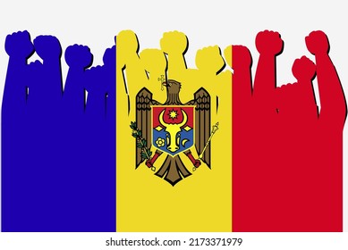 Moldova flag with raised protest hands vector, country flag logo, Moldova protesting concept, flat design, against idea