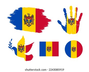 Moldova flag set, flag of Moldova collection. Flag in grunge, Dove, Handprint, square and round shape. vector illustration