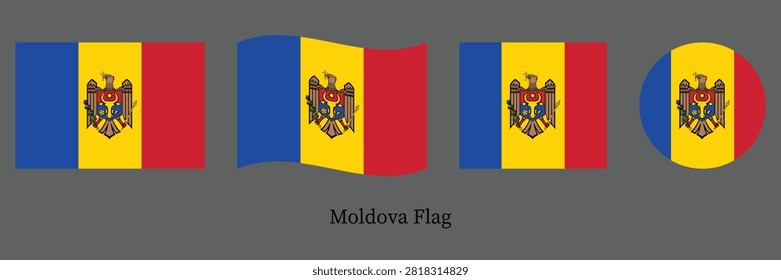Moldova Flag Set with Waving, Circle and Rectangle Shapes Vector Illustration