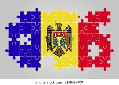 Moldawische Flagge Form des Puzzle-Vektorgrafik, Puzzle-Karte, moldawische Flagge für Kinder und Klassenzimmer, Logo des Landes, Problemlösungskonzept, flaches Design