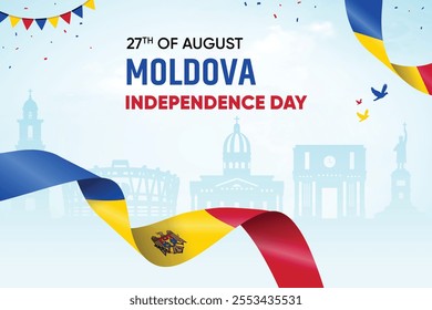 Moldova Flag Waving On Skyline Background. Independence Day Concept Design Vector Illustration.