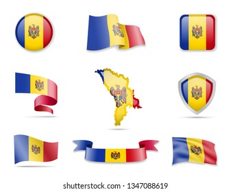 Moldova flags collection. Flags and outline of the country vector illustration set