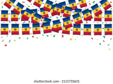 Moldau Flaggen garnweißer Hintergrund mit Konfetti, Hang Ball for Unabhängigkeit Tag Feier Template Banner, Vektorgrafik