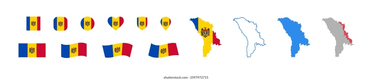 Moldova flags and map set.  Isolated flat icon. Vector