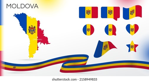 Banderas de Moldavia puestas. Varios diseños. Mapa y ciudad capital. Banderas del mundo. Conjunto de vectores. Círculo. Plantilla para el día de la independencia. Colección de símbolos nacionales. Cinta con colores del indicador. Chisinau