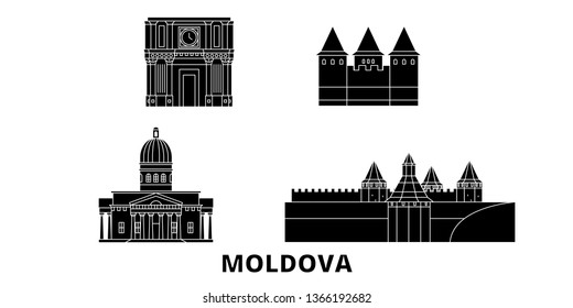 Moldova flat travel skyline set. Moldova black city vector illustration, symbol, travel sights, landmarks.