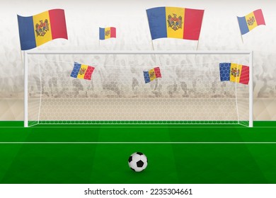 Moldova football team fans with flags of Moldova cheering on stadium, penalty kick concept in a soccer match. Sports vector illustration.