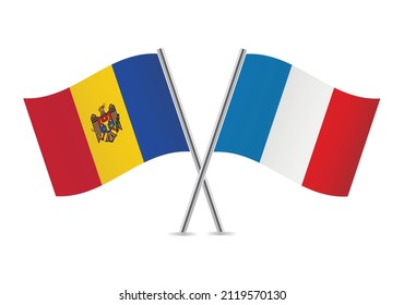 Moldova and France crossed flags. Moldovan and French flags isolated on white background. Vector icon set. Vector illustration.