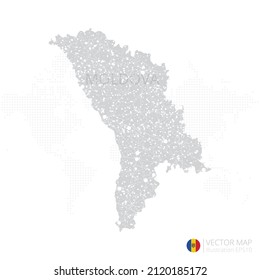 Mapa gris de Moldavia aislado en fondo blanco con línea de malla abstracta y escalas puntuales. Ilustración vectorial eps 10