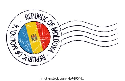 Moldova grunge postal stamp and flag on white background