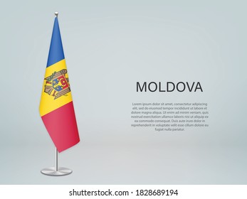 Moldova hanging flag on stand. Template for politic conference banner