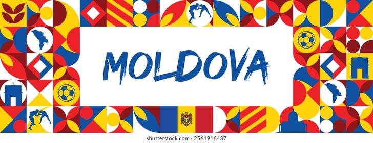 Moldova Independence Day abstract banner design with flag and map. Flag color theme geometric pattern retro modern Illustration design