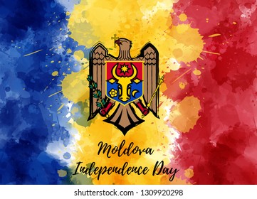 Moldova Independence day. Grunge abstract watercolor painted flag of Moldova. Template for national holiday background, banner, poster,  invitation, etc.