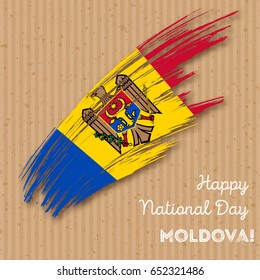 Moldova Independence Day Patriotic Design. Expressive Brush Stroke in National Flag Colors on kraft paper background. Happy Independence Day Moldova Vector Greeting Card.