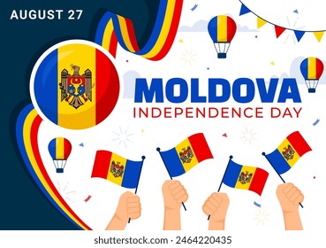 Ilustración vectorial del Día de la Independencia de Moldavia para el 27 de agosto con una bandera ondeando en un fondo nacional plano de dibujos animados de Festiva