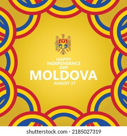 Plantilla vectorial del Día de la Independencia de Moldova con banderas de cinta y escudo de armas. Día festivo nacional europeo.