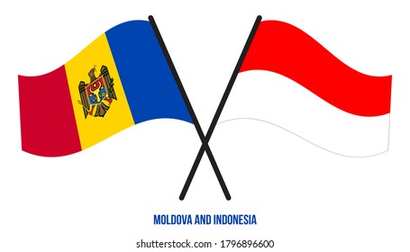 Moldova and Indonesia Flags Crossed And Waving Flat Style. Official Proportion. Correct Colors.