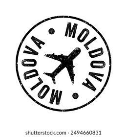 Moldova - a landlocked country in Eastern Europe, bordered by Romania to the west and Ukraine to the north, east, and south, text emblem stamp with airplane