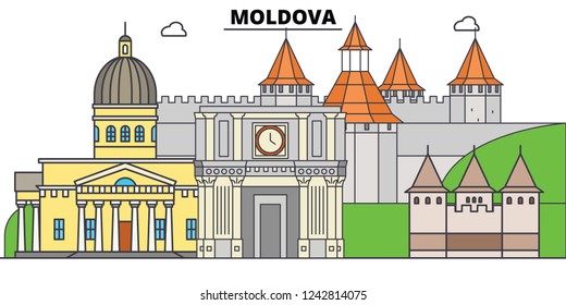 Moldova line skyline vector illustration. Moldova linear cityscape with famous landmarks, city sights, vector, design landscape.