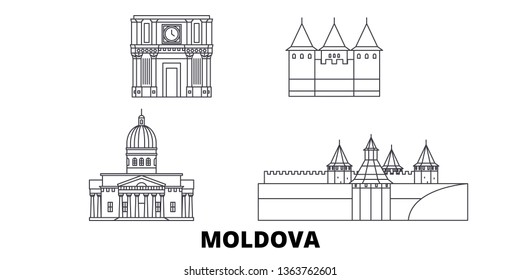Moldova line travel skyline set. Moldova outline city vector illustration, symbol, travel sights, landmarks.