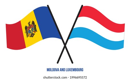 Moldova and Luxembourg Flags Crossed And Waving Flat Style. Official Proportion. Correct Colors.