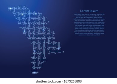 Moldova map from blue pattern of the maze grid and glowing space stars grid. Vector illustration.