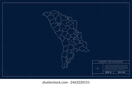 Moldova Map with Blueprint Tech Style Background.