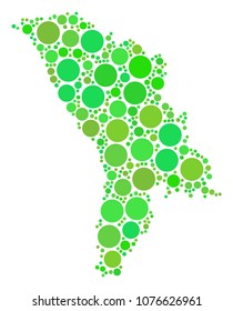 Moldova Map collage of random circle elements in different sizes and fresh green color tones. Vector dots are combined into moldova map collage. Fresh geographical map vector illustration.