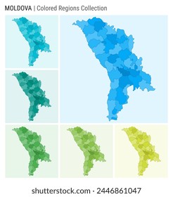 Moldova map collection. Country shape with colored regions. Light Blue, Cyan, Teal, Green, Light Green, Lime color palettes. Border of Moldova with provinces for your infographic. Vector illustration.