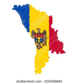 Moldova map color hand drawn sketch. Vector concept illustration flag, scribble map. Country map for infographic, brochures and presentations isolated on white background. Vector illustration.