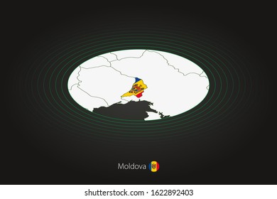 Moldova map in dark color, oval map with neighboring countries. Vector map and flag of Moldova