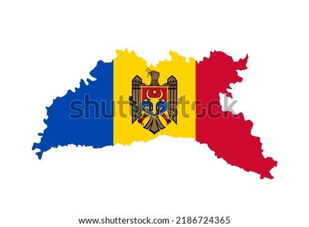 Moldova map flag with coat of arms vector silhouette illustration isolated on white background. High detailed. Moldova flag over Moldova map, national symbol, seal. Country in eastern Europe.