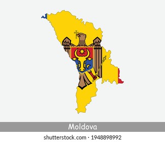 Moldova Map Flag. Map of the Republic of Moldova with the Moldovan national flag isolated on white background. Vector Illustration.
