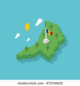 Moldova map with flagpole in isometric design to celebrate moldova independence day