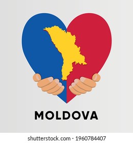 Mapa de Moldavia con forma de corazón agarrado por las manos, diseño de ilustraciones vectoriales