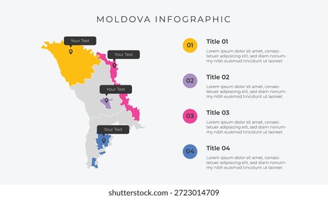 Moldawien Karte Infografik Vorlage mit 4 Optionen. Moldawien Verwaltungskarte Infografik zur Präsentation.