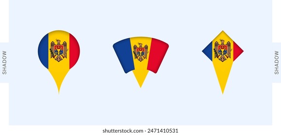 Conjunto de marcadores de mapa de Moldavia. Ideal para proyectos relacionados con Moldavia, viajes, geografía y representación internacional. Vector colección.
