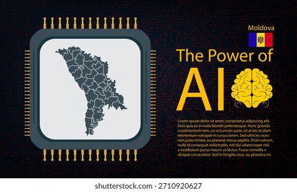 Moldova map with microchip war and AI concept on circuit board, Power of AI with country map. Global connectivity with big data. Design for UI backgrounds or FinTech projects.