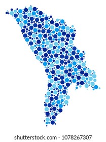 Moldova Map mosaic of round dots in different sizes and blue color tints. Scattered round spots are composed into Moldova Map mosaic. Vector geographical blue map design concept.