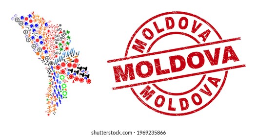 Moldova map mosaic and unclean Moldova red circle stamp print. Moldova stamp uses vector lines and arcs. Moldova map collage contains helmets, houses, screwdrivers, suns, men, and more symbols.