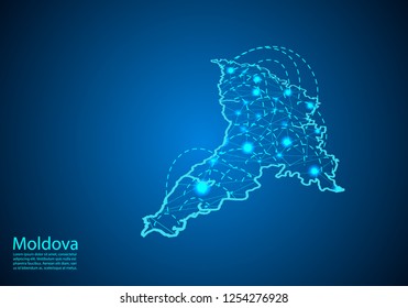 moldova map with nodes linked by lines. concept of global communication and business. Dark moldova map created from white dots with travel locations or internet connection.