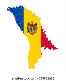 Moldova map on a world map with flag on white background.