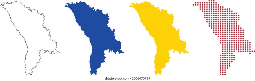 Moldova map in outline, blue color, yellow color, dotted style.