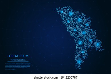 Mapa de Moldavia desde el punto azul y estrellas brillantes en un fondo oscuro. Vector eps 10.