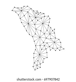 Moldova map of polygonal mosaic lines network, rays and dots vector illustration.