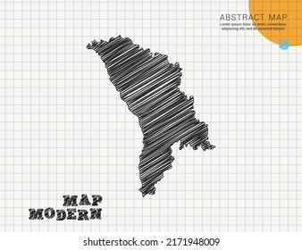 Moldova map of vector black silhouette chaotic hand drawn scribble sketch on grid paper used for notes or decoration.