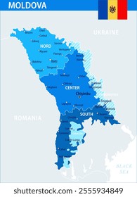 Moldova Map Vector Blue Spot - Customizable layered political map of Moldova with administrative divisions for website, education, reports, news, politics, print, poster and wallpaper