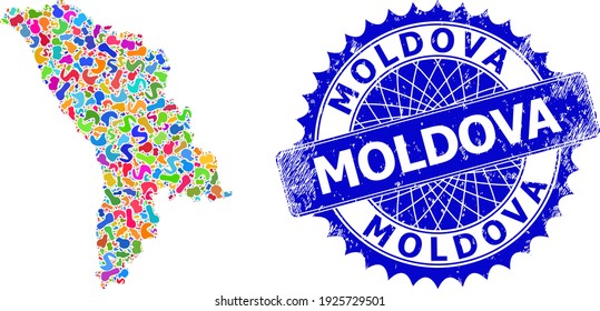 Moldova map vector image. Spot collage map and corroded stamp for Moldova. Sharp rosette blue mark with tag for Moldova map. Collage vector Moldova map is formed with random bright blots.