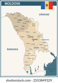 Moldova Map Vector Vintage Dark Blue Beige - Customizable layered political map of Moldova with administrative divisions for website, education, reports, news, politics, print, poster and wallpaper