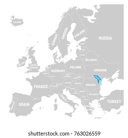 Moldova marked by blue in grey political map of Europe. Vector illustration.